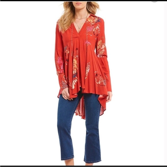 Free People Red Field Of Butterflies Long Sleeve Collared Tunic Small - Picture 3 of 10